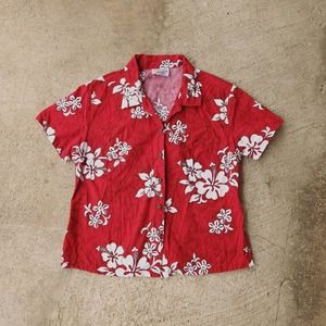 Men's Pacific Legend Hawaiian Shirt Hibiscus Flower Red Button Short Sleeve Sz L